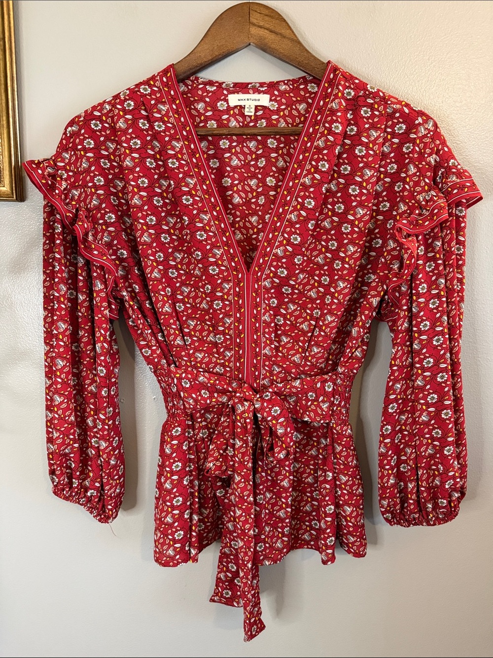 Max Studio Floral Tie Waist Peplum Blouse Red Ruffle Sleeve Boho Top Small - Picture 7 of 8